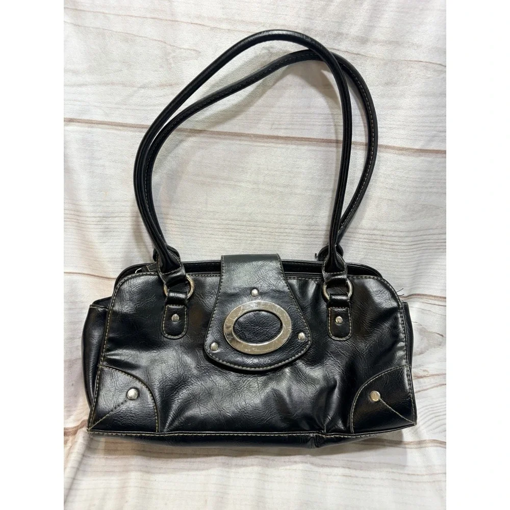 Vintage Y2K Black Faux Leather Bowling Bag Satchel Silver Hardware 2000s